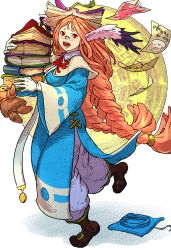 Rule 34 | 1girl, 1other, animal ears, animal print, belt boots, blue robe, blush stickers, book, book on head, book stack, book strap, boots, braid, breasts, breath of fire, breath of fire iii, chinese zodiac, circle, dangling, dragon print, full body, gloves, hair rings, hat, highres, holding, holding book, honey (breath of fire), long hair, looking at viewer, medium breasts, momo (breath of fire), mortarboard, no headwear, object on head, open mouth, pants, paper, rabbit print, red eyes, red hair, rei (breath of fire), robe, side slit, teeth, tongue, tripping, twin braids, walking, white background, white gloves, worried, year of the rabbit, yoshikawa tatsuya
