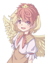 Rule 34 | absurdres, animal, animal on head, bird, bird on head, bird tail, bird wings, blonde hair, chick, commentary request, dress, feathered wings, highres, kame (kamepan44231), multicolored hair, neckerchief, niwatari kutaka, on head, one-hour drawing challenge, orange dress, puffy short sleeves, puffy sleeves, red eyes, red hair, red neckerchief, shirt, short hair, short sleeves, simple background, tail, touhou, two-tone hair, white background, white shirt, wings, yellow wings