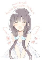Rule 34 | 1girl, :d, ^ ^, bare shoulders, blend s, blush, brown hair, character name, closed eyes, collarbone, commentary request, dated, drawn wings, dress, facing viewer, hair ornament, happy birthday, long hair, low twintails, nakayama miyuki, open mouth, sakuranomiya maika, sleeveless, sleeveless dress, smile, solo, teeth, twintails, upper teeth only, v arms, very long hair, white background, white dress