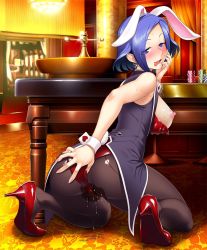 Rule 34 | 1girl, animal ears, ass, blue eyes, blue hair, blush, breasts, casino, commentary, earrings, fake animal ears, female focus, high heels, highres, indoors, jewelry, kneeling, leotard, lineart, looking at viewer, looking back, lovina (taimanin asagi battle arena), medium breasts, naughty face, nipples, open mouth, pantyhose, playboy bunny, pussy juice, rabbit ears, rabbit tail, short hair, smile, sweat, tail, taimanin (series), taimanin asagi kessen arena, wrist cuffs, zol