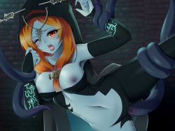 Rule 34 | 1girl, artist request, blue skin, blush, breasts, censored, colored skin, female focus, hood, midna, midna (true), monster girl, nail polish, navel, nintendo, nipples, one eye closed, open mouth, orange hair, parted lips, pussy, pussy juice, red eyes, restrained, solo, tentacle sex, tentacles, the legend of zelda, the legend of zelda: twilight princess, vaginal