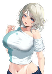 Rule 34 | 1girl, absurdres, blue eyes, blue skirt, blush, breasts, grey hair, hand up, highres, large breasts, looking at viewer, loose clothes, loose shirt, love live!, love live! sunshine!!, namazu (yamasonson), navel, open mouth, shirt, short hair, simple background, skirt, smile, solo, watanabe you, white background, white shirt