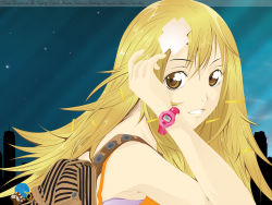 Rule 34 | 1girl, air gear, bag, bare shoulders, hairclip, blonde hair, brown eyes, building, close-up, cross, darkness, female focus, hand up, highres, light, long hair, looking at viewer, night, oogure ito, open mouth, outdoors, sky, skyscraper, smile, solo, star (symbol), strap, sumeragi kururu, time, watch