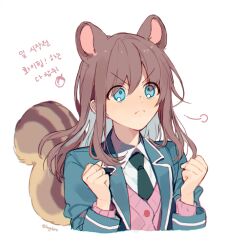Rule 34 | 1girl, animal ears, anzu (ensemble stars!), black necktie, blue jacket, cardigan, clenched hands, closed mouth, collared shirt, ensemble stars!, jacket, necktie, pink cardigan, sapphire (nine), shirt, simple background, solo, squirrel ears, squirrel tail, tail, upper body, v-shaped eyebrows, white background, white shirt
