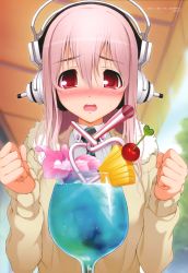 Rule 34 | 1girl, absurdres, blush, cherry, cup, drink, drinking straw, food, fruit, headphones, highres, long hair, looking at viewer, nitroplus, open mouth, pink hair, red eyes, scan, solo, super sonico, sweater, tsuji santa
