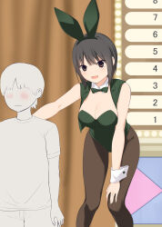 Rule 34 | 1boy, 1girl, animal ears, aoyama sumika, black hair, bow, bowtie, breasts, brown eyes, brown pantyhose, cleavage, coffee-kizoku, commentary request, curtains, fake animal ears, feet out of frame, green bow, green bowtie, green leotard, green vest, highres, large breasts, leaning forward, leotard, original, pantyhose, playboy bunny, short hair, solo, strapless, strapless leotard, vest