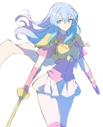 Rule 34 | 1girl, aqua eyes, aqua hair, armor, bike shorts, bike shorts under skirt, breastplate, cape, cowboy shot, eirika (fire emblem), fire emblem, fire emblem: the sacred stones, fire emblem engage, gloves, hair between eyes, holding, holding sword, holding weapon, kwz ini, long hair, looking to the side, miniskirt, nintendo, red gloves, red shirt, shirt, shoulder armor, skirt, solo, sword, weapon, white background