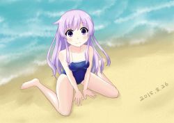 Rule 34 | 10s, 1girl, bad id, bad pixiv id, barefoot, beach, blush, competition school swimsuit, day, hair ornament, long hair, looking at viewer, nepgear, neptune (series), ocean, open mouth, purple eyes, purple hair, sand, school swimsuit, smile, solo, swimsuit, t-lun