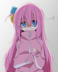 Rule 34 | 1girl, blue eyes, bocchi the rock!, cube hair ornament, glasses, gotoh hitori, gradient background, hair between eyes, hair ornament, highres, jacket, long hair, long sleeves, looking to the side, one side up, pink hair, pink jacket, rascal (feuille), round eyewear, smile, solo, track jacket, zipper pull tab