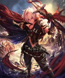 Rule 34 | 10s, 1boy, albert (shingeki no bahamut), armor, armored boots, army, artist request, belt, boots, cape, cygames, elbow gloves, gloves, holding, holding sword, holding weapon, knife, official art, red eyes, scabbard, shadowverse, sheath, shingeki no bahamut, soldier, sword, torn cape, torn clothes, vest, weapon, white hair