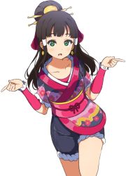 Rule 34 | 1girl, arm warmers, bad id, bad pixiv id, black hair, collarbone, earrings, frilled sleeves, frills, green eyes, hair ornament, hair tubes, half updo, highres, icehotmilktea, japanese clothes, jewelry, kimono, kurosawa dia, long hair, looking at viewer, love live!, love live! sunshine!!, mole, mole under mouth, my mai tonight, obi, open mouth, pointing, sash, short kimono, shorts, simple background, solo, white background