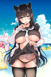 Rule 34 | 1girl, animal ear fluff, animal ears, areola slip, atago (azur lane), atago (school traumerei) (azur lane), atago (school traumerei) (azur lane), azur lane, black hair, black panties, black pantyhose, black sailor collar, black serafuku, black skirt, breasts, cameltoe, cleft of venus, clothes lift, clothes pull, collarbone, commentary request, day, extra ears, finger to mouth, hair ribbon, highleg, highleg panties, highres, kotengu, large breasts, lifting own clothes, long hair, looking at viewer, mole, mole under eye, nail polish, navel, neckerchief, no bra, outdoors, panties, pantyhose, pantyhose pull, pink nails, pleated skirt, ribbon, sailor collar, school uniform, serafuku, shiny skin, shirt lift, skirt, skirt lift, sky, solo, standing, stomach, string panties, sweat, swept bangs, thigh gap, underboob, underwear, very long hair, white neckerchief, white ribbon