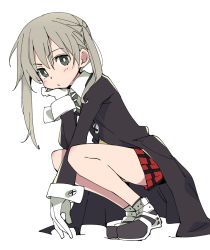 Rule 34 | 1girl, gloves, grey eyes, grey hair, ixy, long sleeves, looking at viewer, maka albarn, plaid, plaid skirt, red skirt, short hair, simple background, skirt, solo, soul eater, squatting, twintails, white background, white gloves