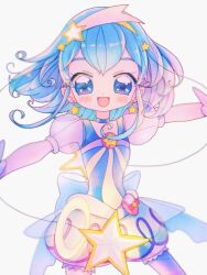 Rule 34 | 1girl, :d, ao (umi pre), blue choker, blue eyes, blue hair, blush, choker, cure milky, earrings, hagoromo lala, hair ornament, hairband, jewelry, looking at viewer, magical girl, medium hair, open mouth, outstretched arms, pointy ears, pouch, precure, puffy short sleeves, puffy sleeves, see-through, see-through sleeves, short sleeves, simple background, smile, solo, standing, star (symbol), star earrings, star hair ornament, star twinkle precure, white background, yellow hairband