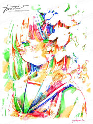 Rule 34 | 1girl, artist name, blush, branch, colorful, commentary request, english text, green eyes, hatching (texture), highres, leaf, looking at viewer, medium hair, multicolored hair, original, parted lips, sailor collar, school uniform, serafuku, signature, simple background, solo, straight hair, upper body, watanabe tomari, watermark, white background