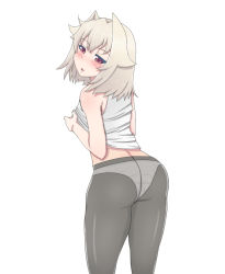 Rule 34 | 1girl, aq interactive, arcana heart, arcana heart 3, ass, bare shoulders, blush, examu, from behind, highres, looking at viewer, looking back, naughty face, open mouth, osacanaheart3, panties, panties under pantyhose, pantyhose, platinum blonde hair, shiny skin, shirt, short hair, simple background, smile, solo, undershirt, underwear, weiss, white background