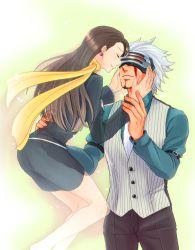 Rule 34 | 1boy, 1girl, mia fey, beard, blood, brown hair, capcom, earrings, closed eyes, facial hair, godot (ace attorney), ace attorney, phoenix wright: ace attorney - trials and tribulations, hands on another&#039;s face, highres, jewelry, long hair, necktie, otm1129, pencil skirt, skirt, smile, spoilers, vest, visor, white hair, yellow background