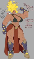 Rule 34 | 1girl, abs, bare shoulders, boots, breasts, curvy, dark-skinned female, dark skin, eljarochofeliz, english text, eye contact, female focus, fire hair, full body, gauntlets, helmet, highres, huge breasts, loincloth, looking at another, muscular, muscular female, navel, on shoulder, open mouth, original, puppet (eljarochofeliz), sharp teeth, solo, standing, teeth, thick thighs, thighs, titania (eljarochofeliz), tongue, tongue out, wide hips