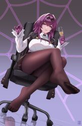 Rule 34 | 1girl, absurdres, black coat, breasts, brown pantyhose, brown skirt, chair, champagne flute, coat, coat on shoulders, collared shirt, cup, drinking glass, eyewear on head, foot up, from below, gloves, gradient background, hair between eyes, hair intakes, hand up, highres, holding, holding cup, honkai: star rail, honkai (series), kafka (honkai: star rail), large breasts, legs, long hair, looking at viewer, no shoes, office chair, on chair, pantyhose, parted lips, pencil skirt, purple background, purple eyes, purple gloves, purple hair, reflective floor, round eyewear, shirt, sidelocks, silk, simple background, sitting, skirt, spider web, spider web print, sunglasses, swivel chair, teeth, white shirt, zekong pioneer