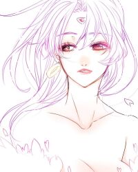 Rule 34 | 1girl, bare shoulders, breasts, celine jules, collarbone, earrings, facial mark, forehead mark, jewelry, large breasts, lips, long hair, purple eyes, purple hair, rorongaxx, simple background, solo, star ocean, star ocean the second story, white background