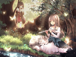 Rule 34 | 2girls, animal, animal on lap, belt, blurry, blurry background, blurry foreground, brown cloak, brown eyes, brown hair, bug, butterfly, capelet, cloak, commentary request, day, dress, fantasy, flower, flute, forest, grass, green eyes, hand on own face, highres, holding, holding instrument, insect, instrument, layered dress, light brown hair, long sleeves, looking at another, looking to the side, multiple girls, nature, on ground, on lap, open mouth, original, outdoors, red dress, sample watermark, short dress, sitting, standing, stream, thighhighs, tukimisou0225, watermark, white dress, white legwear, wolf
