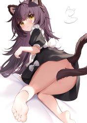 Rule 34 | 1girl, absurdres, ahoge, all fours, animal ear fluff, animal ears, barefoot, black dress, blush, bottomless, closed mouth, dress, feet, from behind, full body, highres, long hair, looking at viewer, looking back, nahaki, original, puffy short sleeves, puffy sleeves, purple hair, short sleeves, simple background, soles, solo, tail, tail censor, toes, yellow eyes