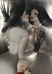 Rule 34 | 1girl, against mirror, alcina dimitrescu, angju, black flower, black gloves, black rose, blood, blood splatter, breasts, claw (weapon), cleavage, corsage, crack, dress, earrings, fingernails, flower, gloves, hat, jewelry, large breasts, lipstick, long fingernails, looking at viewer, makeup, mirror, necklace, pale skin, parted lips, pearl earrings, pearl necklace, red lips, reflection, resident evil, resident evil village, rose, solo, sun hat, tall female, weapon, white dress, yellow eyes