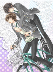 Rule 34 | 2boys, :d, ^ ^, basket, bicycle, black background, brown hair, closed eyes, code geass, couple, doily, dutch angle, green necktie, grey jacket, happy, hug, hug from behind, jacket, kururugi suzaku, lace background, lelouch vi britannia, male focus, multiple boys, multiple riders, necktie, open clothes, open jacket, open mouth, polka dot, polka dot background, riding, school uniform, short hair, smile, striped, striped background, sweater vest, touya (artist), touya (roukaku), wing collar, yaoi