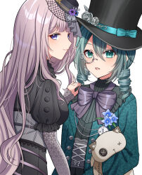 Rule 34 | 2girls, aqua eyes, aqua hair, black headwear, blue eyes, blue flower, boutonniere, bow, bowtie, breasts, buttons, carrying, carrying under arm, character request, closed mouth, colorful festival (project sekai), cross-laced clothes, drill hair, flat chest, flower, frills, grey-framed eyewear, grey flower, grey hair, grey rose, hair between eyes, hand on another&#039;s shoulder, hand up, hat, hat bow, hat flower, hatsune miku, highres, jacket, lace, layered sleeves, lipstick, long hair, long sleeves, looking at viewer, looking back, makeup, mini hat, mini top hat, mirumiru (miru36i), monocle, multiple girls, official alternate costume, official alternate hairstyle, parted lips, project sekai, puffy short sleeves, puffy sleeves, purple bow, purple bowtie, purple flower, purple hair, ribbon, rose, semi-rimless eyewear, short over long sleeves, short sleeves, simple background, smile, stuffed animal, stuffed cat, stuffed toy, top hat, triangle, twin drills, under-rim eyewear, upper body, very long hair, vocaloid, white background