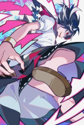 Rule 34 | 1girl, arrow (symbol), bare legs, black hair, black nails, bracelet, commentary request, fingernails, flip-flops, foreshortening, from below, grey horns, highres, horns, jewelry, kijin seija, knee up, kyusoukyu, long fingernails, looking at viewer, multicolored hair, nail polish, profile, puffy short sleeves, puffy sleeves, red eyes, red hair, sandals, sharp fingernails, shirt, shoe soles, short hair, short sleeves, skirt, solo, streaked hair, tongue, tongue out, touhou, upskirt, white hair, white shirt