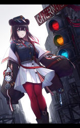 Rule 34 | 1girl, absurdres, animal ears, arknights, bear ears, black choker, black jacket, blue shirt, brown hair, choker, feet out of frame, grey eyes, hat, highres, jacket, letterboxed, long hair, long sleeves, looking at viewer, miniskirt, multicolored hair, off shoulder, official alternate costume, open clothes, open jacket, pantyhose, peaked cap, red hair, red pantyhose, shirt, skirt, solo, streaked hair, tocty, traffic light, white skirt, zima (arknights), zima (ready to go) (arknights)