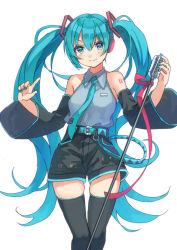 Rule 34 | 1girl, aqua necktie, belt, black shorts, black thighhighs, blue eyes, blue hair, blue nails, blush, breasts, commentary request, detached sleeves, grey shirt, hair between eyes, hair ornament, hatsune miku, headphones, holding, holding microphone, long hair, medium breasts, microphone, microphone stand, mitsuyo (mituyo324), nail polish, necktie, ribbon, shirt, shorts, simple background, skindentation, sleeveless, sleeveless shirt, smile, solo, thighhighs, twintails, very long hair, vocaloid, white background