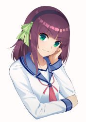 Rule 34 | 1girl, absurdres, angel beats!, black hairband, blue sailor collar, blunt bangs, bow, chinese commentary, commentary, eyelashes, green bow, green eyes, grin, hair bow, hairband, hand on own cheek, hand on own face, hand up, head tilt, highres, long sleeves, looking at viewer, medium hair, nakamura yuri, neckerchief, pink neckerchief, purple hair, sailor collar, shinda sekai sensen uniform, shirt, simple background, smile, solo, straight hair, upper body, white background, white shirt, xie wang