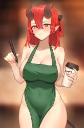 Rule 34 | 1girl, absurdres, apron, bare arms, bare shoulders, barista, black bow, blurry, blurry background, blush, bottomless, bow, breasts, cleavage, collarbone, covered navel, cowboy shot, cup, depth of field, disposable cup, green apron, hair bow, highres, holding, holding cup, holding marker, horns, iced latte with breast milk (meme), large breasts, long hair, looking at viewer, marker, meme, naked apron, one side up, original, parted lips, pointy ears, red hair, reiji-rj, solo, starbucks, tail, thighs, topless