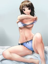 Rule 34 | 1girl, absurdres, bed sheet, blue panties, bow, bow panties, breasts, brown eyes, brown hair, clothes lift, commentary, crotch seam, full body, girls und panzer, grey background, highres, kakimoto nao, leaning to the side, legs, lifting own clothes, light frown, long hair, looking at viewer, medium breasts, murakami (girls und panzer), navel, no bra, no pants, on bed, panties, parted lips, ribs, shirt, shirt lift, sitting, solo, underboob, underwear, undressing, white shirt