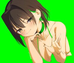 Rule 34 | 1girl, blush, borrowed character, breasts, brown eyes, brown hair, choker, colored inner hair, dot nose, earrings, furrowed brow, green background, green choker, green hair, hair between eyes, hair over one eye, head on hand, jewelry, large breasts, looking at viewer, medium hair, miru (ormille), mole, mole on breast, mole under eye, multicolored eyes, multicolored hair, narrowed eyes, original, seductive smile, signature, simple background, skeptycally, smile, solo, yellow eyes