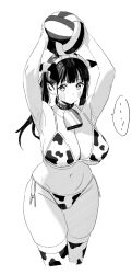 Rule 34 | ..., 1girl, animal ears, animal print, armpits, arms up, ball, beach volleyball, bell, bikini, black choker, black hair, blunt bangs, blush, breasts, choker, cleavage, collar, commentary, cow ears, cow horns, cow print, cow print bikini, cowbell, cropped legs, curvy, dot mouth, dot nose, earrings, expressionless, fake animal ears, greyscale, hair ribbon, highres, holding, holding ball, horns, jewelry, large breasts, looking at viewer, mole, mole on breast, mole under eye, monochrome, navel, neck bell, original, print bikini, ribbon, riki (riki unc), shirt, short shorts, short sleeves, shorts, side-tie bikini bottom, skindentation, solo, spoken ellipsis, stomach, swimsuit, symbol-only commentary, thick thighs, thighhighs, thighs, twintails, volleyball (object), white footwear, white shirt, white thighhighs, wide hips