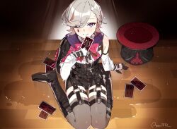 Rule 34 | 1boy, artist name, black footwear, blush, boots, bow, card, detached sleeves, genshin impact, gloves, grey hair, grey thighhighs, hair between eyes, hat, highres, holding, holding card, knee boots, looking at viewer, lyney (genshin impact), male focus, multicolored hair, one eye closed, playing card, puddle, purple eyes, red hair, sitting, smile, solo, streaked hair, thighhighs, top hat, trap, twitter username, unworn hat, unworn headwear, wai1010, wet, wet clothes, wet hair