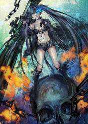 Rule 34 | 10s, 1girl, absurdres, belt, bikini, bikini top only, black hair, black rock shooter, black rock shooter (character), blue eyes, boots, chain, female focus, full body, gloves, glowing, glowing eye, gradient background, highres, lips, long hair, pony (artist), scar, signature, skull, solo, swimsuit, twintails