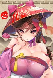 Rule 34 | 1girl, absurdres, bad id, bad twitter id, bare shoulders, blush, braid, breast hold, breasts, brown eyes, brown hair, choker, cleavage, female focus, folding fan, hair ornament, hair ribbon, hand fan, hand on own cheek, hand on own face, hat, highres, hwahee, large breasts, long hair, looking at viewer, marushin (denwa0214), nipples, ribbon, ribbon choker, solo, summoners war