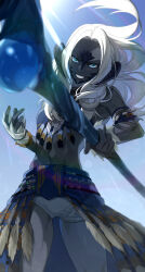 Rule 34 | 1girl, absurdres, au ra, bare shoulders, black horns, blue eyes, blurry, blurry foreground, colored skin, crop top, cuffs, day, final fantasy, final fantasy xiv, fingernails, floating hair, foreshortening, green eyes, grey skin, grin, highres, holding, holding staff, holding weapon, horns, long hair, looking at viewer, midriff, multicolored eyes, navel, onimoti, outdoors, sadu dotharl, scales, shorts, smile, solo, staff, standing, stomach, weapon, white hair