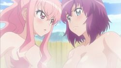 Rule 34 | 2girls, animated, animated gif, bath, blush, bouncing breasts, breasts, convenient censoring, flat chest, hair censor, hair over breasts, henrietta de tristain, large breasts, long hair, louise francoise le blanc de la valliere, multiple girls, nude, out-of-frame censoring, pink hair, purple hair, short hair, zero no tsukaima