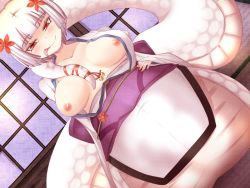 Rule 34 | 1girl, between breasts, blush, breasts, forked tongue, japanese clothes, lamia, large breasts, long tongue, mon-musu quest!, monster girl, nipples, shirohebi (mon-musu quest!), short hair, solo, tongue, white hair