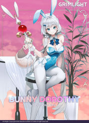 Rule 34 | 1girl, animal ears, bare shoulders, basket, blue eyes, blue leotard, bow, breasts, cleavage, commentary, detached collar, dorothy (grimlight), english commentary, fake animal ears, grey hair, grimlight, hair bow, high heels, highres, holding, holding basket, large breasts, leotard, long hair, looking at viewer, official art, pantyhose, playboy bunny, rabbit ears, shoe dangle, sitting, smile, solo, strapless, strapless leotard, twintails, white footwear, white pantyhose, wrist cuffs