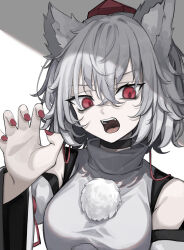 Rule 34 | 1girl, absurdres, animal ears, bare shoulders, black choker, choker, claw pose, commentary, crossed bangs, detached sleeves, fingernails, grey hair, hair between eyes, hand up, hat, highres, hisha (kan moko), inubashiri momiji, long fingernails, looking at viewer, nail polish, open mouth, pom pom (clothes), red eyes, red hat, red nails, short hair, solo, teeth, tokin hat, tongue, touhou, turtleneck, upper body, upper teeth only, wide sleeves, wolf ears
