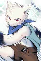 Rule 34 | 1boy, blue neckerchief, blue vest, borrowed character, brown shorts, character name, furry, furry male, gloves, halftone, highres, male focus, motion lines, navel, neckerchief, open clothes, open vest, original, raizinndx, red eyes, running, shorts, smile, solo, vest