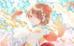 Rule 34 | 1girl, animal, blue flower, brown hair, closed mouth, commentary, english commentary, eyebrows hidden by hair, fish, floral print, flower, from side, goldfish, hair between eyes, hair bun, hair flower, hair ornament, hand fan, highres, japanese clothes, kimono, looking at viewer, looking to the side, original, paper fan, print kimono, red eyes, red flower, sheepd, single hair bun, smile, solo, striped clothes, striped kimono, uchiwa, upper body, vertical-striped clothes, vertical-striped kimono, white flower, white kimono, yukata