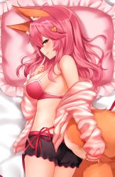 Rule 34 | 1girl, animal ear fluff, animal ears, bare shoulders, black shorts, blush, bra, breasts, closed mouth, fate/extra, fate (series), fox ears, fox girl, fox tail, hair ornament, highres, index finger raised, jacket, large breasts, licking lips, long hair, long sleeves, looking at viewer, looking back, lying, off shoulder, official alternate costume, on stomach, open clothes, open jacket, pillow, pink bra, pink hair, pink jacket, short shorts, shorts, shouu-kun, smile, solo, striped clothes, striped jacket, tail, tamamo (fate), tamamo no mae (fate/extra), tamamo no mae (spring casual) (fate), thighs, tongue, tongue out, underwear, yellow eyes