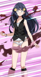 Rule 34 | 1girl, black shirt, black socks, blue eyes, blue hair, boots, bracelet, breasts, cleavage, closed mouth, collarbone, creatures (company), dawn (pokemon), floating hair, frown, game freak, groin, hat, highres, holding, holding poke ball, jewelry, knee boots, kneehighs, long hair, looking at viewer, motion blur, nintendo, panties, pink footwear, pink panties, poke ball, poke ball print, pokemon, pokemon dppt, print headwear, purple background, scared, shirt, sleeveless, sleeveless shirt, small breasts, socks, solo, standing, sweatdrop, tearing clothes, torn clothes, tsukishiro saika, underwear, v-shaped eyebrows, very long hair, white hat