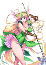Rule 34 | 1girl, :d, absurdly long hair, armor, blonde hair, blue eyes, breasts, bridal gauntlets, cleavage, collarbone, cowboy shot, dress, forehead jewel, frilled dress, frills, green dress, helmet, highres, holding, holding weapon, jewelry, large breasts, long hair, looking at viewer, low-tied long hair, open mouth, pauldrons, pelvic curtain, pendant, polearm, raochuu, riesz, seiken densetsu, seiken densetsu 3, shoulder armor, sidelocks, simple background, smile, solo, spear, strapless, strapless dress, thighs, tube dress, very long hair, weapon, white background, winged helmet